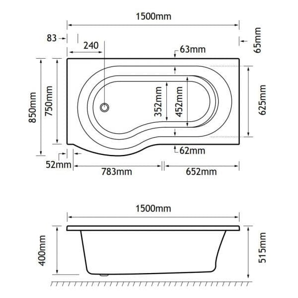 Eastbrook Shannon P Shaped Shower Bath - No TH - White