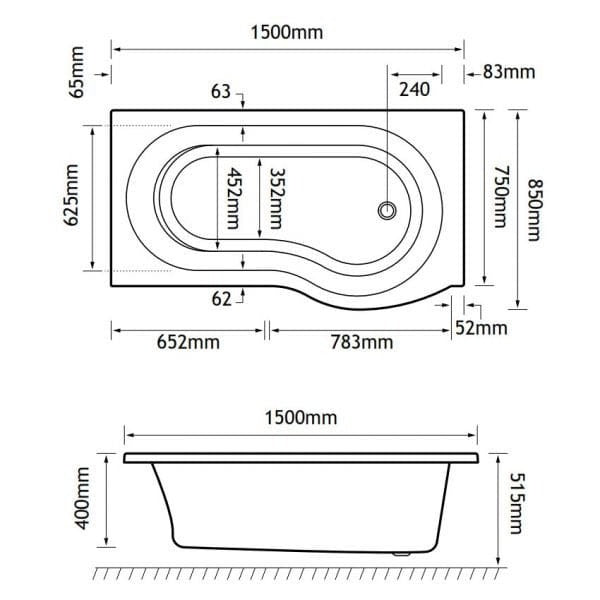 Eastbrook Shannon P Shaped Shower Bath - No TH - White
