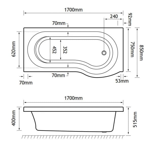 Eastbrook Shannon P Shaped Shower Bath - No TH - White