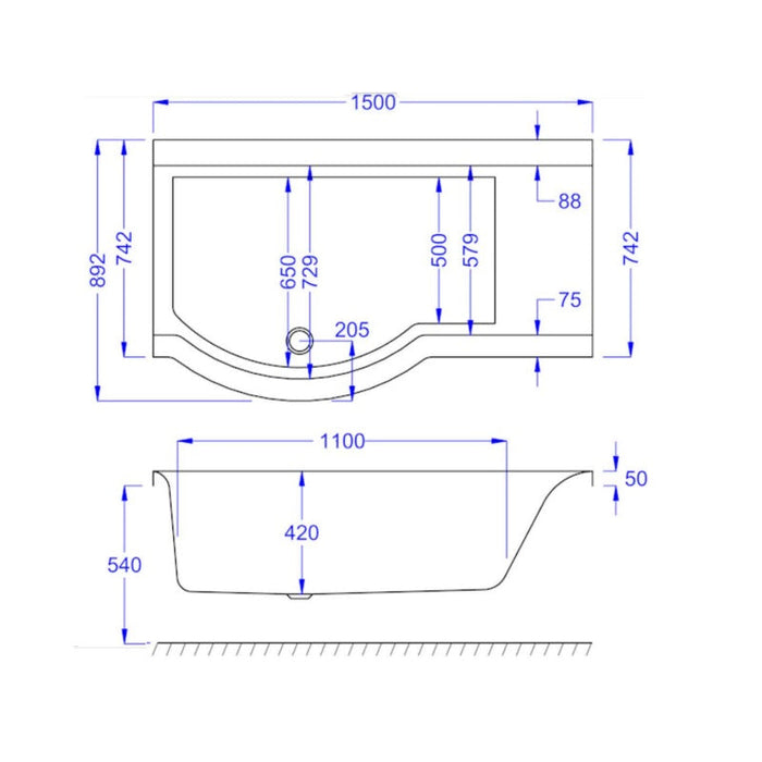Eastbrook Urban Carronite P Shaped Shower Bath - 1500mm X