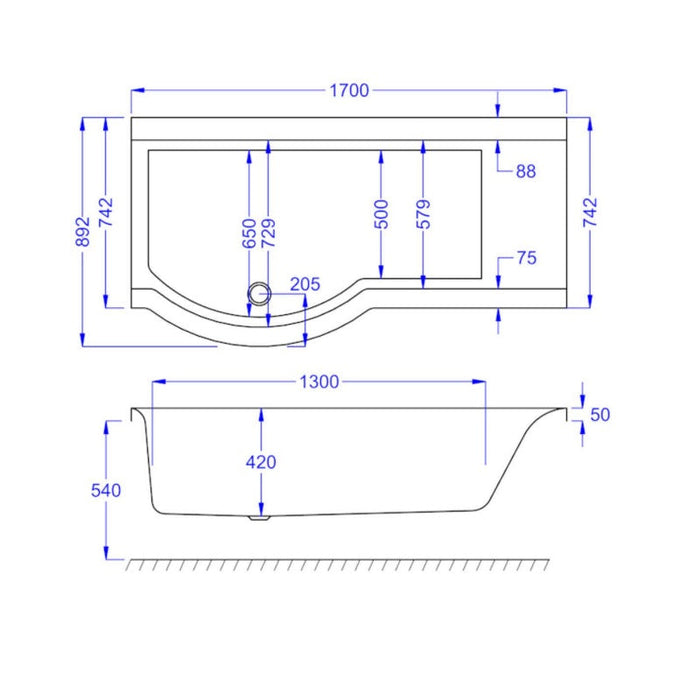Eastbrook Urban P Shaped Shower Bath - 1700mm X 750mm/900mm