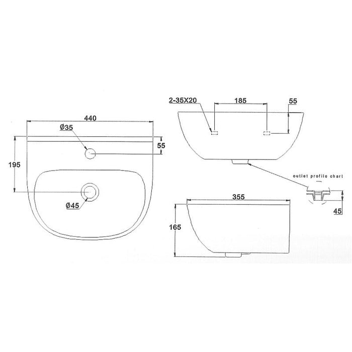 Eastbrook Wall Hung Cloakroom Basin With Overflow - 457mm