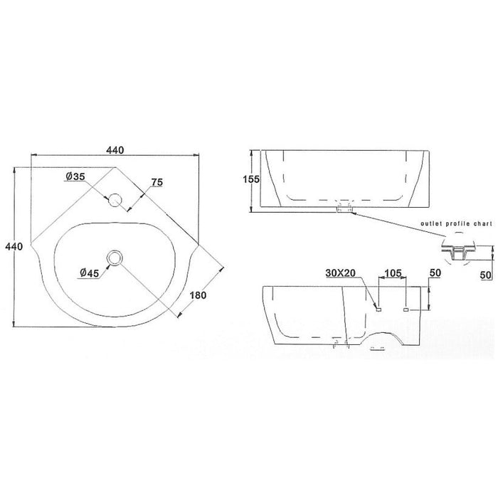 Eastbrook Wall Hung Corner Basin - 450mm Wide - 1 TH