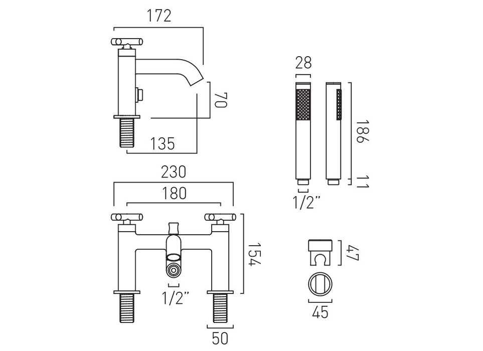 Vado Elements Deck Mounted Bath Shower Mixer Tap With Kit - Polished Chrome