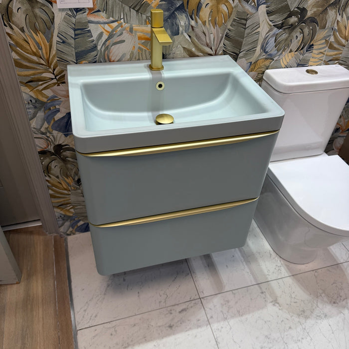 Ex-Display Vado Cameo 2 Drawer 600mm Wall Hung Vanity Unit & Basin - Cove Blue with Satin Brass Handles