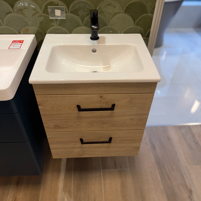 Ex-Display Sonas Corta 2 Drawer 500mm Wall Hung Vanity Unit & Basin - Honey Oak with Black Handles