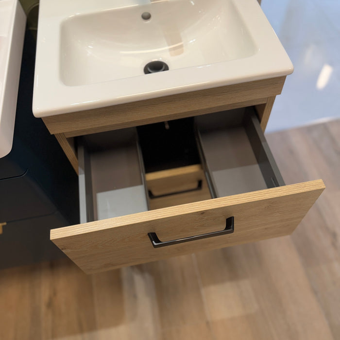 Ex-Display Sonas Corta 2 Drawer 500mm Wall Hung Vanity Unit & Basin - Honey Oak with Black Handles