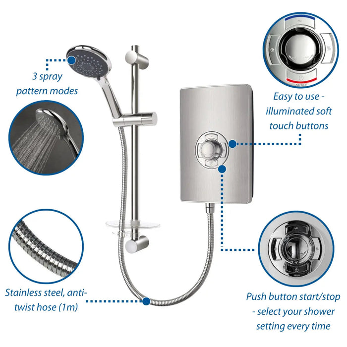 Triton Aspirante Electric Shower - 9.5kW - Brushed Steel