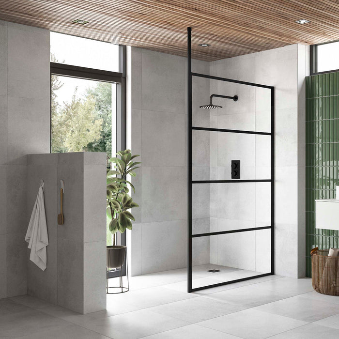 Flair Ayo 8mm Framed Linear Border Wetroom Glass Panel - Matt Black