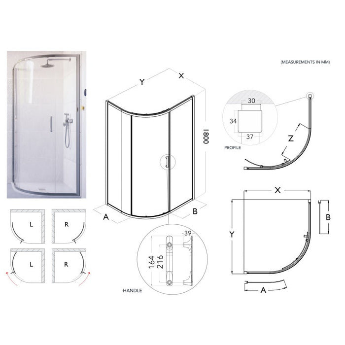 Flair Baby Ili 6mm One Door Sliding Quadrant Shower Door 1800mm High - Silver