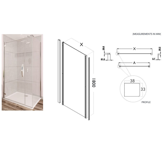 Flair Baby Ili 6mm Hinged Shower Door with Semi Framed Side Panel 1800mm High - Silver