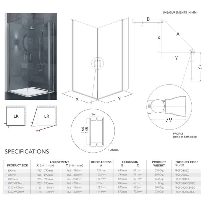 Flair Frameless 6mm Corner Pivot Shower Door - Silver