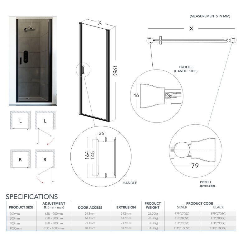 Flair Frameless 6mm Recessed Pivot Shower Door