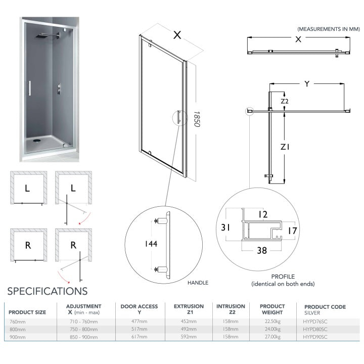 Flair Hydro Express 6mm Pivot Shower Door with Semi Framed