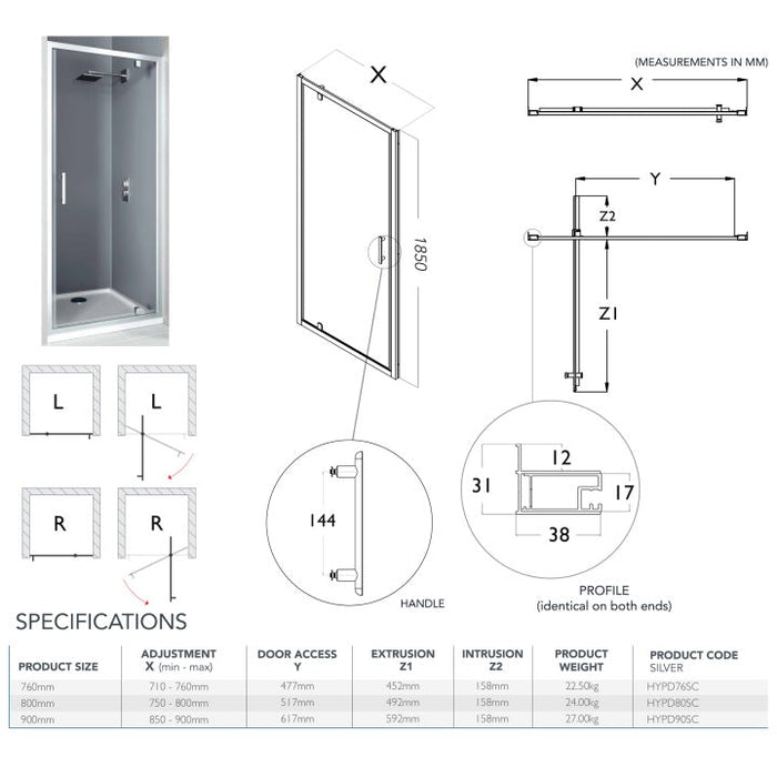 Flair Hydro Express 6mm Recessed Pivot Shower Door - Chrome