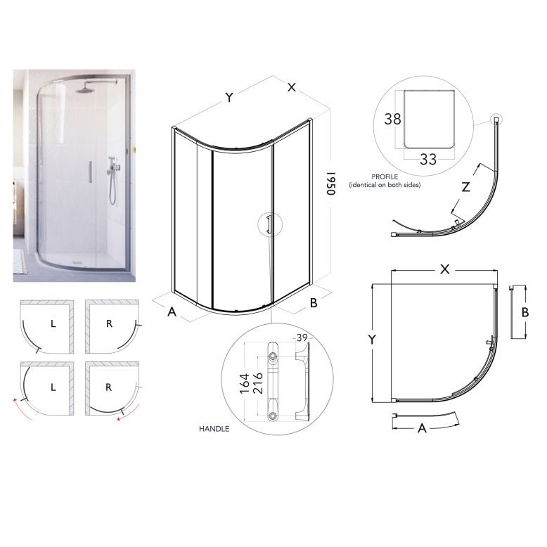 Flair Ili 6mm One Door Sliding Quadrant Shower Door - 900mm