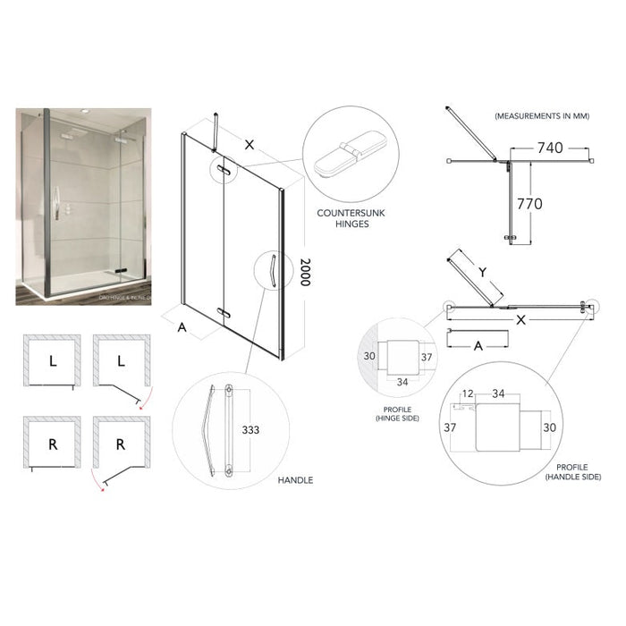 Flair Oro 8mm Hinged & Inline Shower Door with Side Panel - Silver