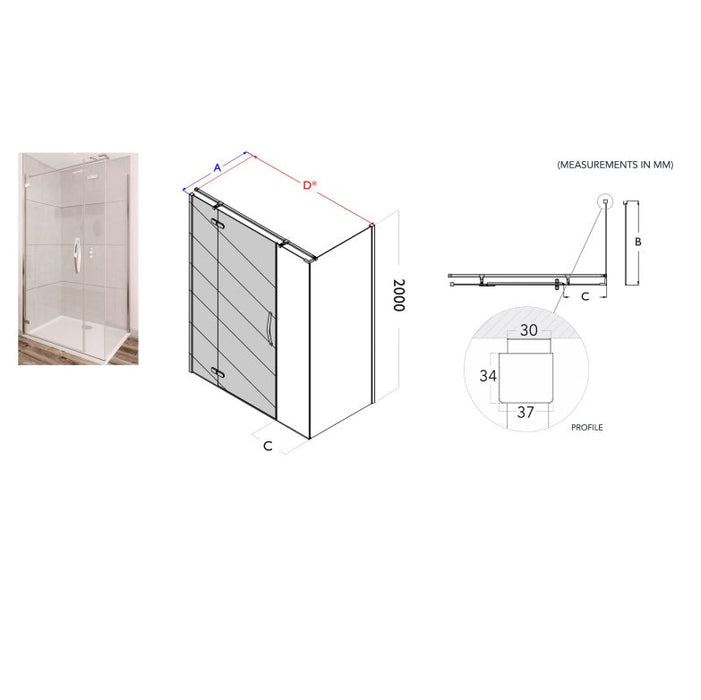 Flair Oro 8mm Hinged & Inline Shower Door with Ultra Frameless Corner Side Panel - Silver