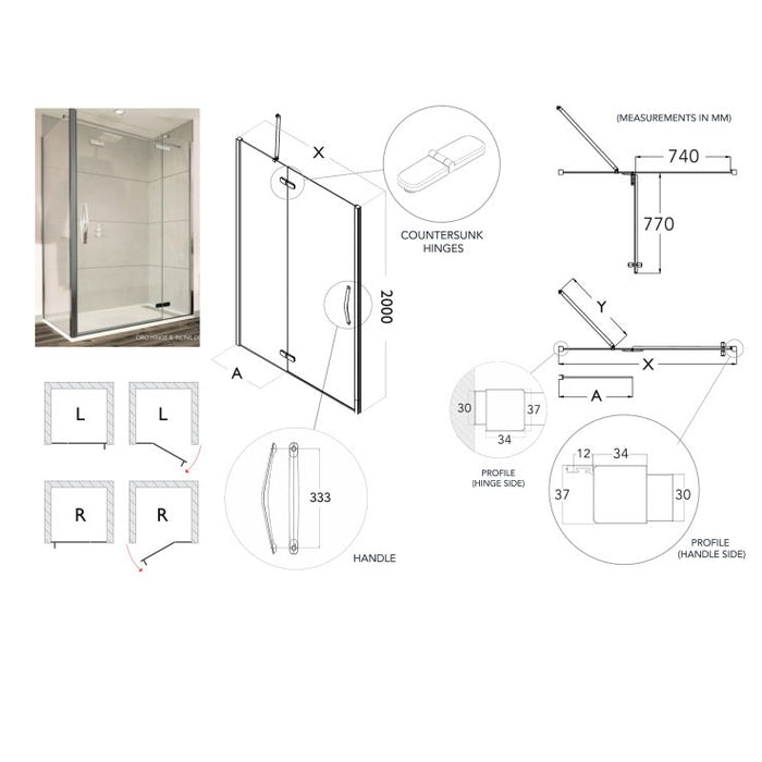 Flair Oro 8mm Recessed Hinged & Inline Shower Door with Inline Panel - Silver