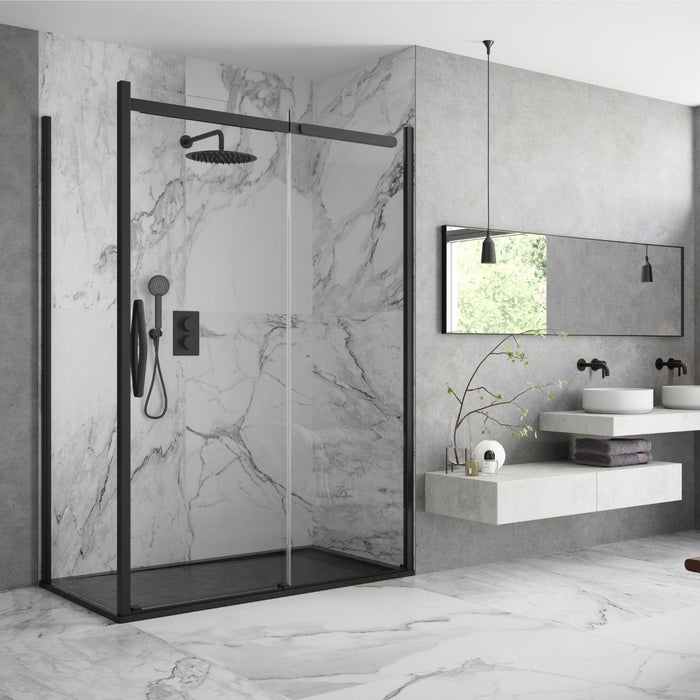 Flair Oro 8mm Sliding Shower Door with Side Panel - Matt Black