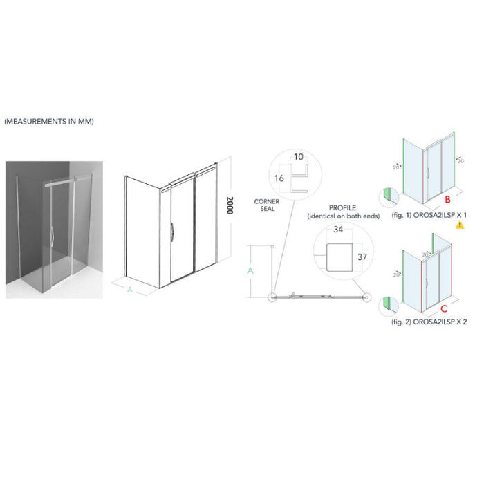 Flair Oro 8mm Sliding Shower Door with Two Inline Panels and Frameless Side Panel - Silver