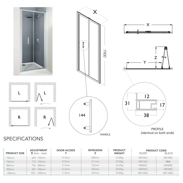Flair Verve Pro 6mm Recessed Bifold Shower Door