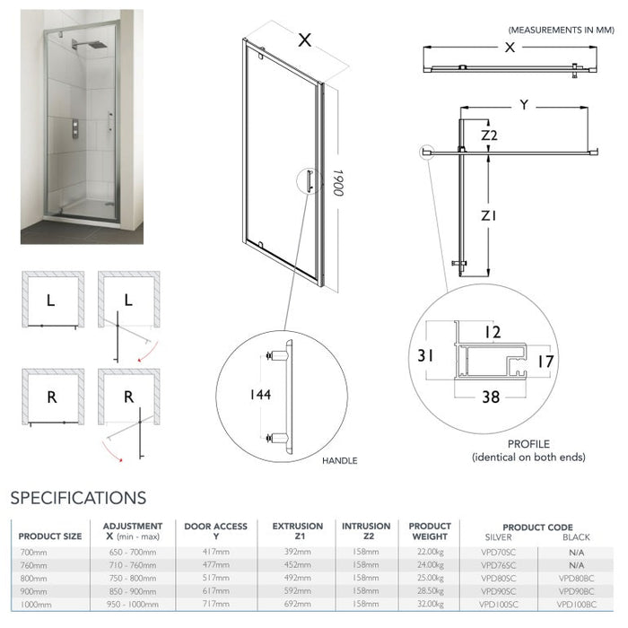 Flair Verve Pro 6mm Recessed Pivot Shower Door