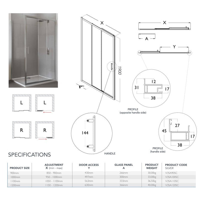 Flair Verve Pro 6mm Triple Panel Sliding Shower Door with Semi Framed Side Panel - Chrome