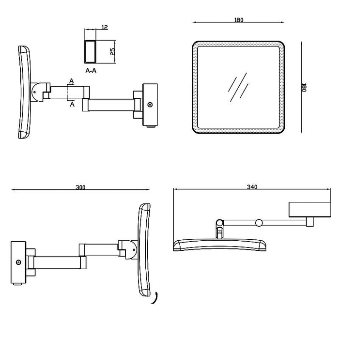 HiB Eclipse Square LED Magnifying Mirror With Rocker Switch