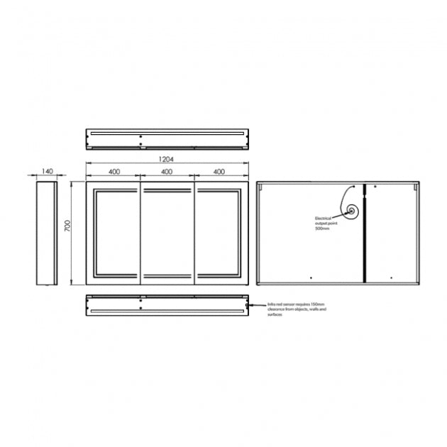 HiB Edge 3 Door Illuminated LED Mirror Cabinet - 700mm x