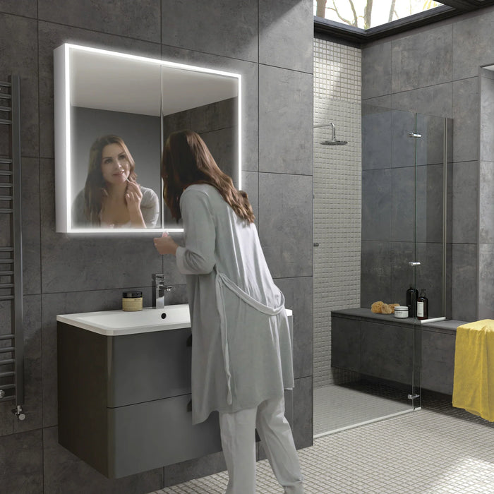 HiB Qubic 2 Door Illuminated LED Mirror Cabinet - Aluminium