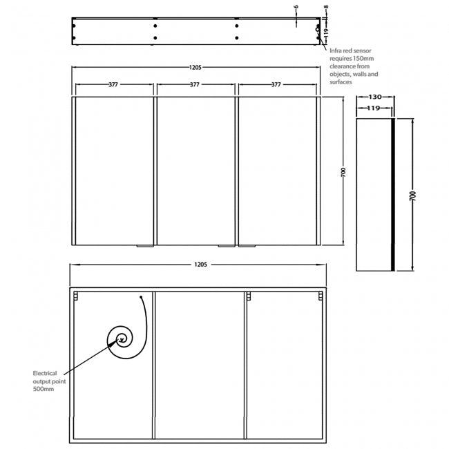 HiB Xenon 3 Door Illuminated LED Mirror Cabinet - 700mm x