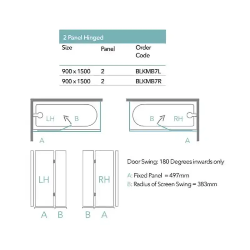 Merlyn Black 2 Panel Hinged Bath screen - Showering