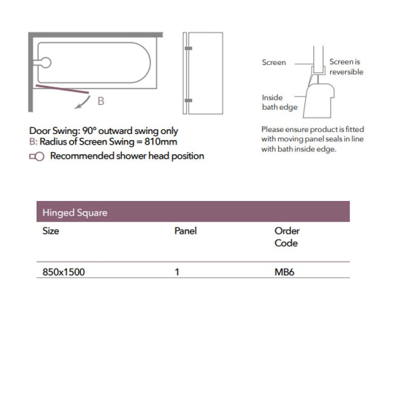 Merlyn Square Hinged Bath Screen - 1500mm x 850mm Screens