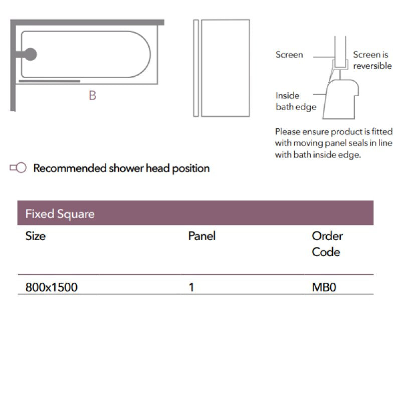 Merlyn Versa Square Fixed Bath Screen - 1500mm x 800mm