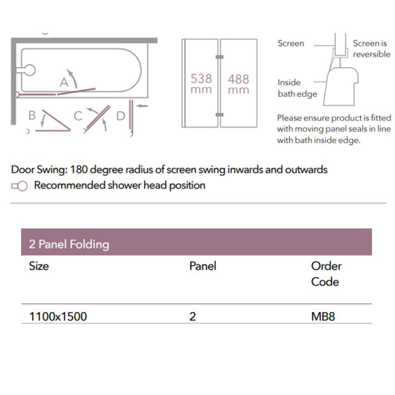 Merlyn Versa Two Folding Square Bath Screen - 1500mm x