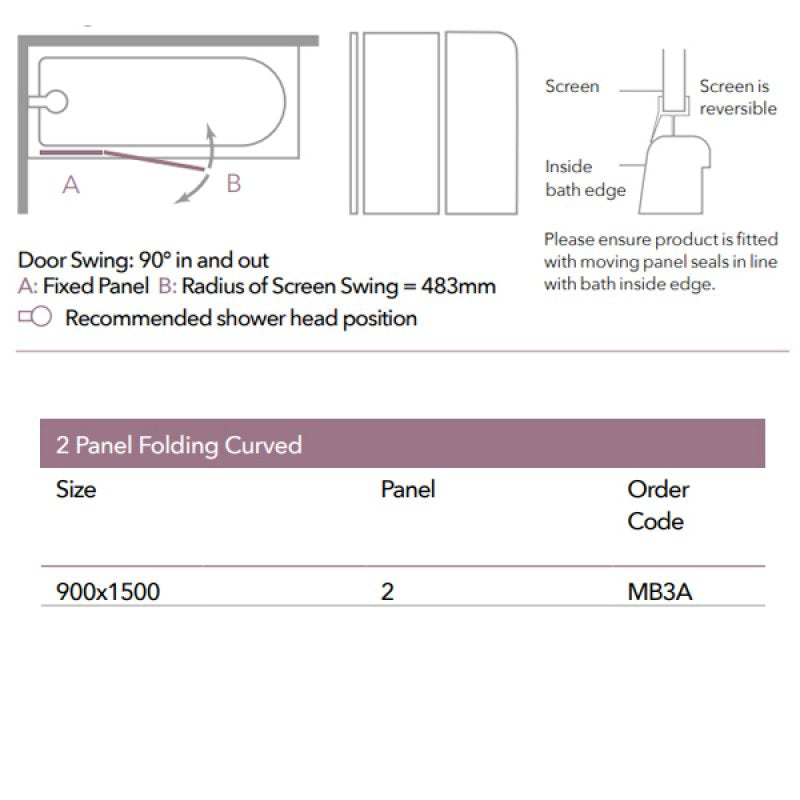 Merlyn Versa Two Panel Folding Curved Bath Screen - 1500mm