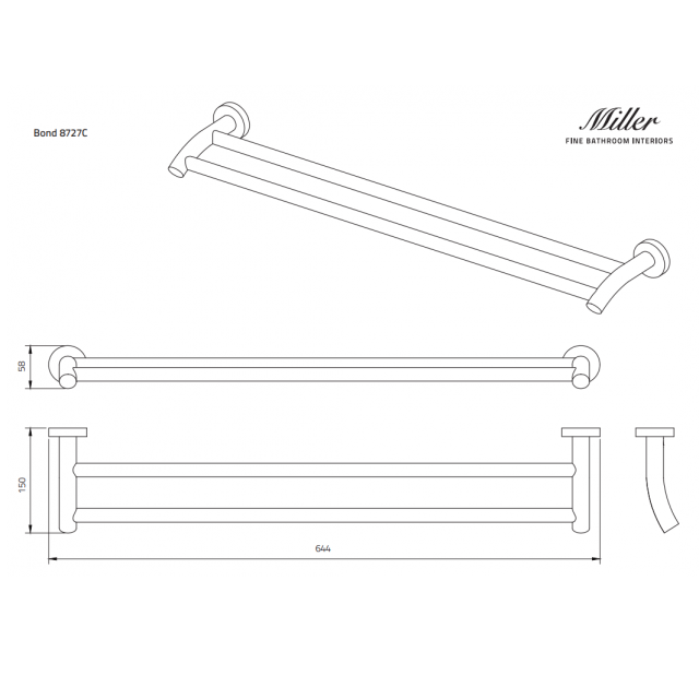 Miller Bond Double Towel Rail - 645mm Long - Chrome