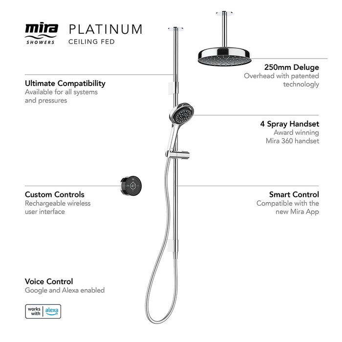 Mira Platinum Dual Outlet Ceiling Fed Smart Digital Shower - Low Pressure/Gravity Fed - Black/Chrome