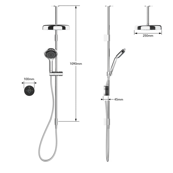 Mira Platinum Dual Outlet Ceiling Fed Smart Digital Shower - Low Pressure/Gravity Fed - Black/Chrome