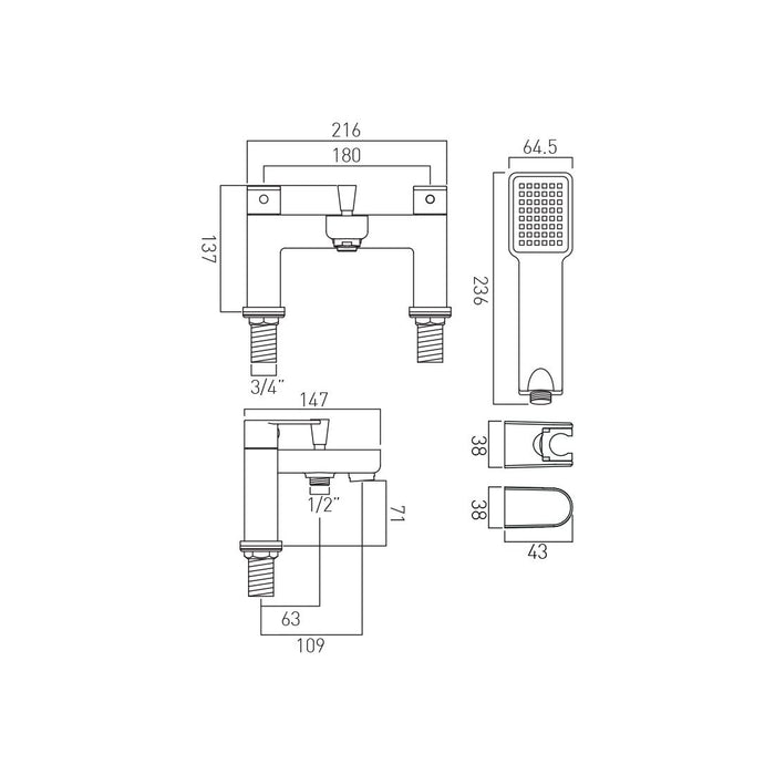 Vado Phase Deck Mounted Bath Shower Mixer Tap With Shower Kit - Chrome