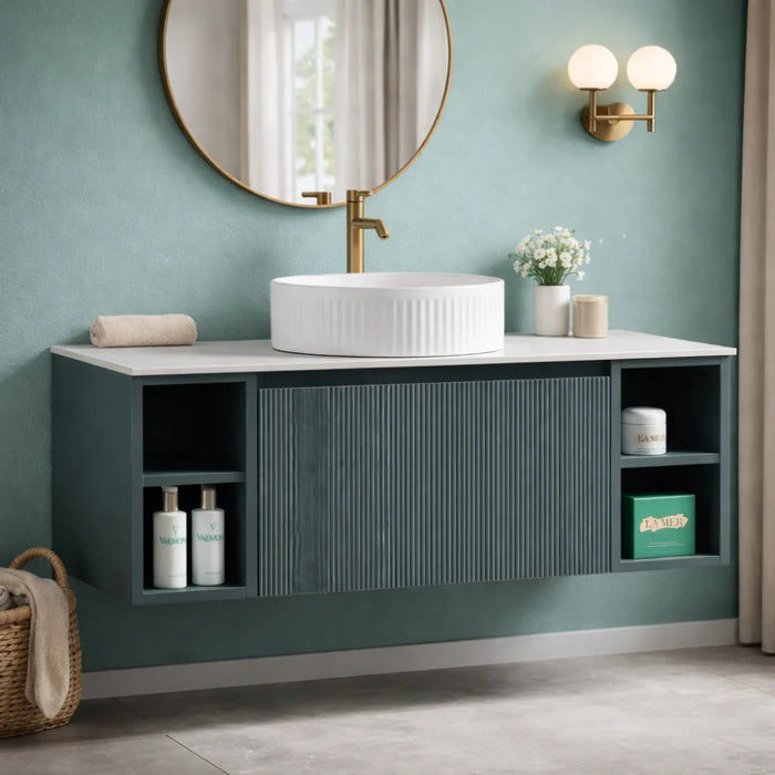 Tailored Piatta 1000mm 1 Drawer Wall Hung Vanity Unit with 2 Side Storage Boxes, Sintered Stone Countertop & Handle
