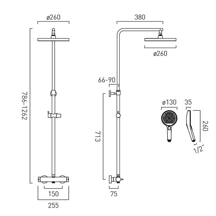 Vado Safari Lever Wall Mounted Exposed Thermostatic Bar Valve with Shower Head & Handset Kit
