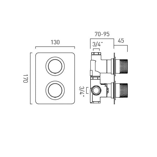 Vado Safari Fluted Leverless Concealed 1 Outlet 2 Handle Thermostatic Shower Valve