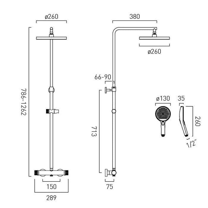 Vado Safari Fluted Leverless Wall Mounted Exposed Thermostatic Bar Valve with Shower Head & Handset Kit