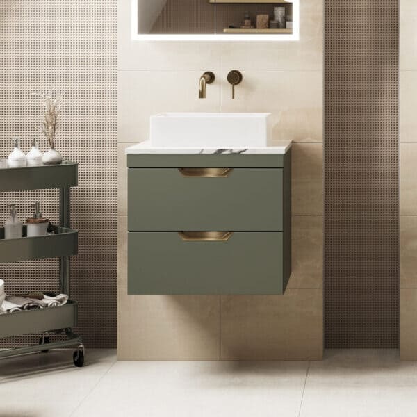 Scudo Aubrey 600mm 2 Drawer Wall Hung Vanity Unit with Carrara Countertop & Pair of Handles