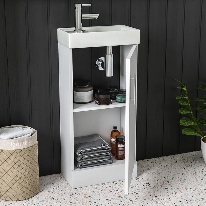 Scudo Lanza 400mm 1 Door Cloakroom Floorstanding Vanity Unit with Basin & Handle - Gloss White