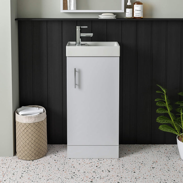 Scudo Lanza 400mm 1 Door Cloakroom Floorstanding Vanity Unit with Basin & Handle - Gloss White