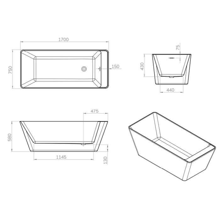 Sonas Seren Freestanding Single Ended Bath With Waste - 1700mm x 750mm - White