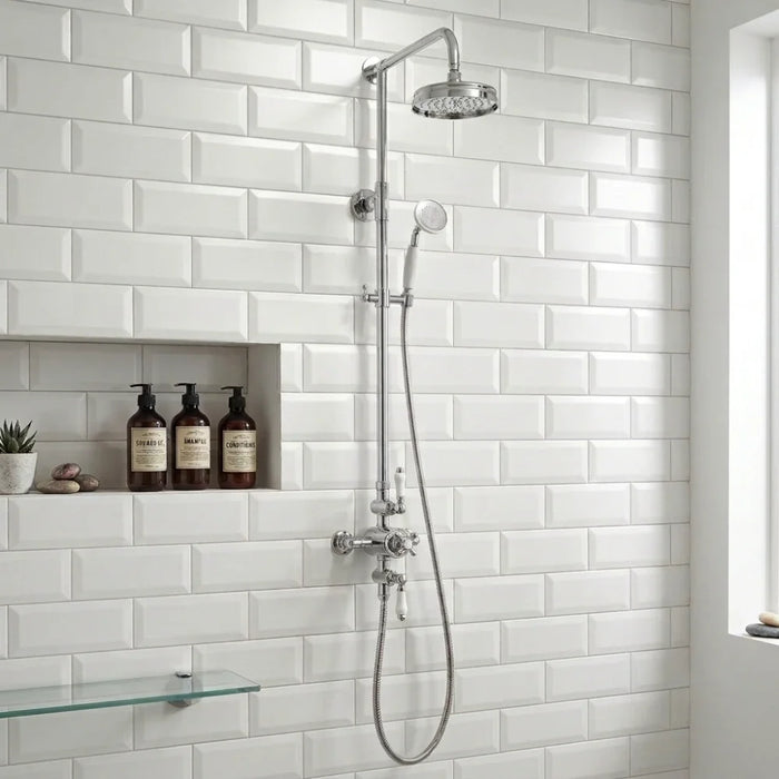 Scudo Traditional Round Rigid Riser Mixer Shower with Fixed Head & Handset - Chrome